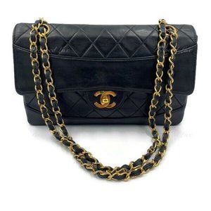 Authentic CHANEL Lambskin Double Chain Small Vintage Flap Black / Gold Hardware